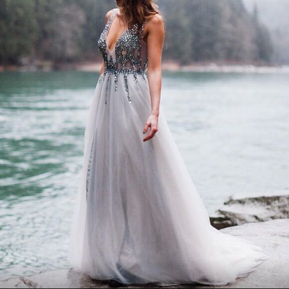 Prom Dress Sexy Deep V Neck Sequins Beads Tulle Lace High Split Long Evening - Picture 7 of 9